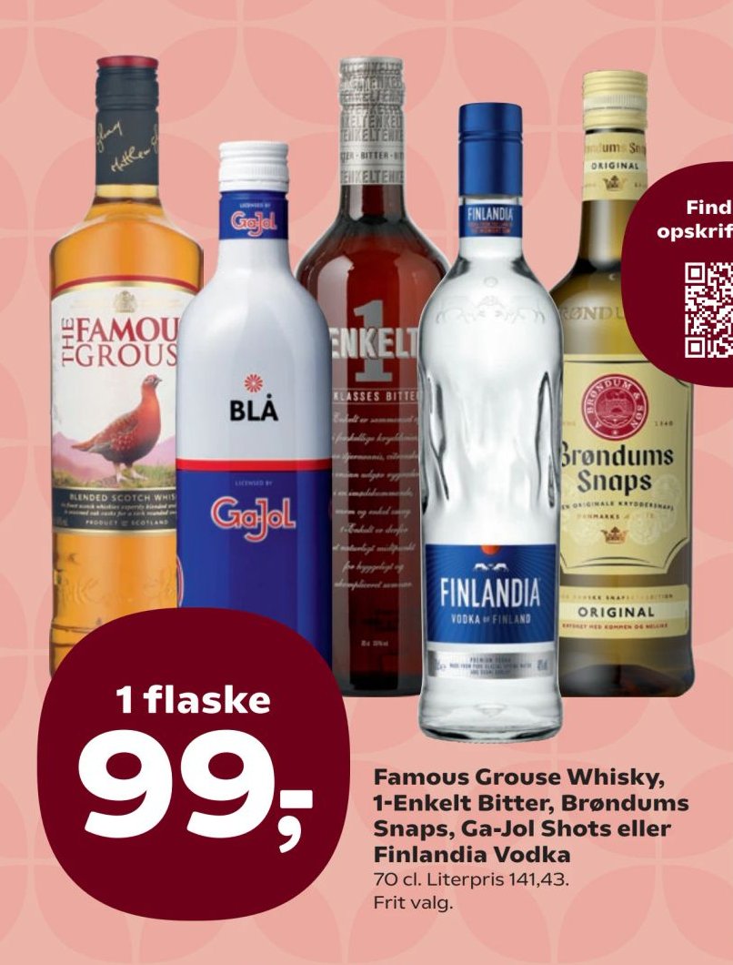 Famous Grouse Whisky, 1-Enkelt Bitter, Brøndums Snaps, Ga-Jol Shots eller Finlandia Vodka – SuperBrugsen