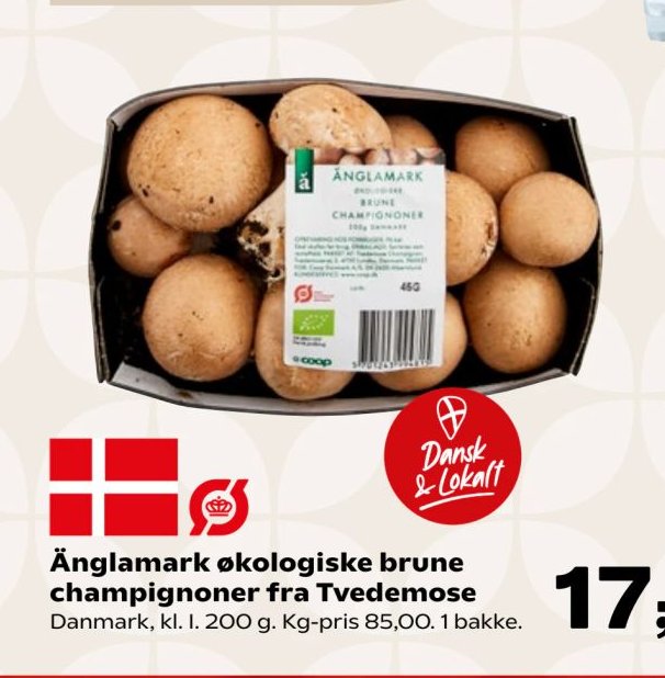 Änglamark økologiske brune champignoner fra Tvedemose Danmark, kl. I. 200 g. Kg-pris 85,00. 1 bakke – SuperBrugsen