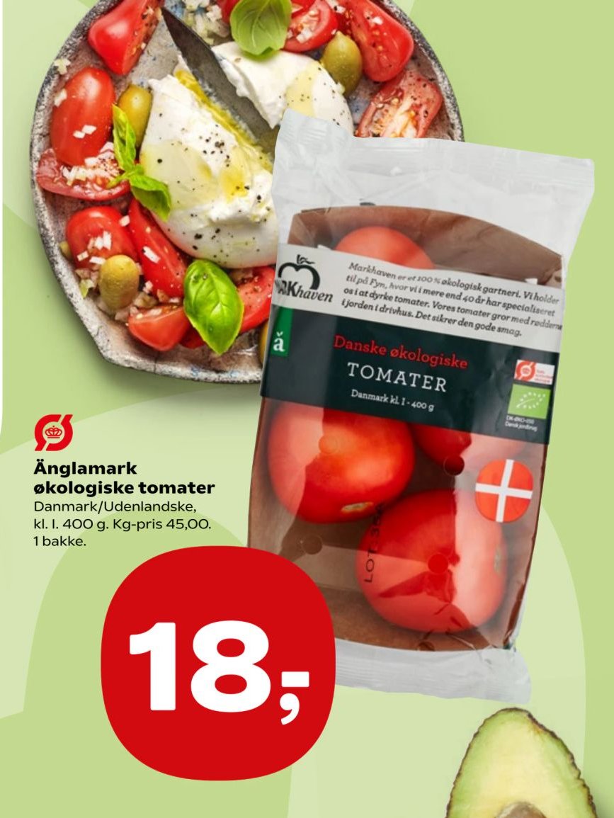 Änglamark økologiske tomater Danmark/Udenlandske, kl. I. 400 g. Kg-pris 45,00. 1 bakke. – SuperBrugsen
