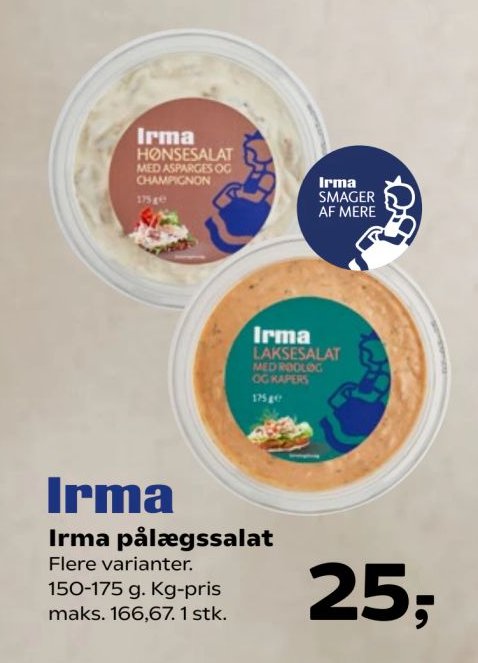 Irma pålægssalat Flere varianter. 150-175 g. Kg-pris maks. 166,67. 1 stk. – SuperBrugsen