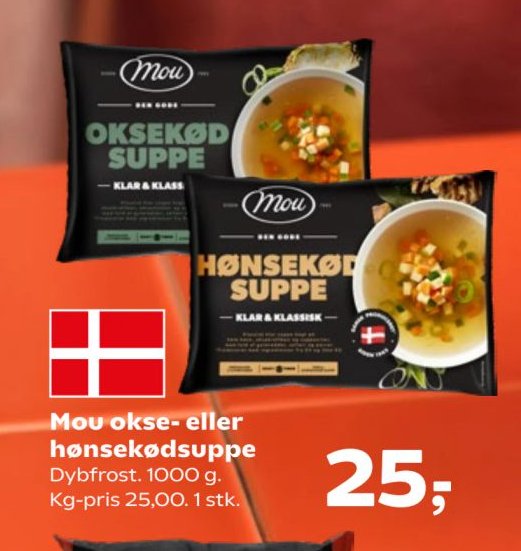 Mou okse- eller hønsekødsuppe Dybfrost. 1000 g. Kg-pris 25,00. 1 stk. – SuperBrugsen
