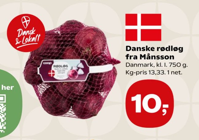 Danske rødløg fra Månsson Danmark, kl. I. 750 g. Kg-pris 13,33. 1 net. – SuperBrugsen