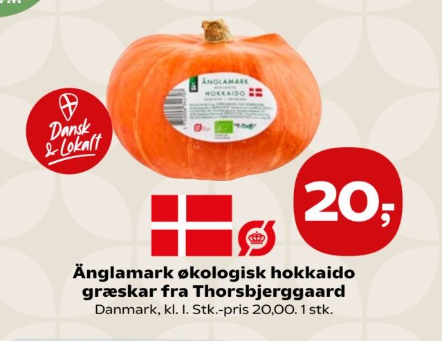 Änglamark økologisk hokkaido græskar fra Thorsbjerggaard Danmark, kl. I. Stk.-pris 20,00. 1 stk. – SuperBrugsen