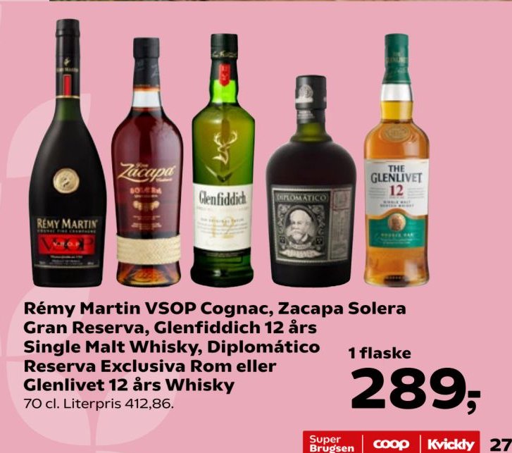 Rémy Martin VSOP Cognac, Zacapa Solera Gran Reserva, Glenfiddich 12 års Single Malt Whisky, Diplomático Reserva Exclusiva Rom eller Glenlivet 12 års Whisky 70 cl – SuperBrugsen