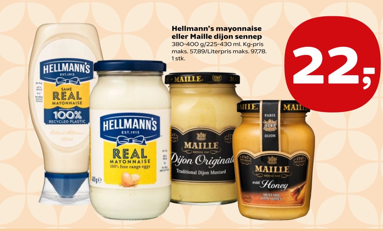 Hellmann's mayonnaise eller Maille dijon sennep 380-400 g/225-430 ml. Kg-pris maks. 57,89/Literpris maks. 97,78. 1 stk. – SuperBrugsen