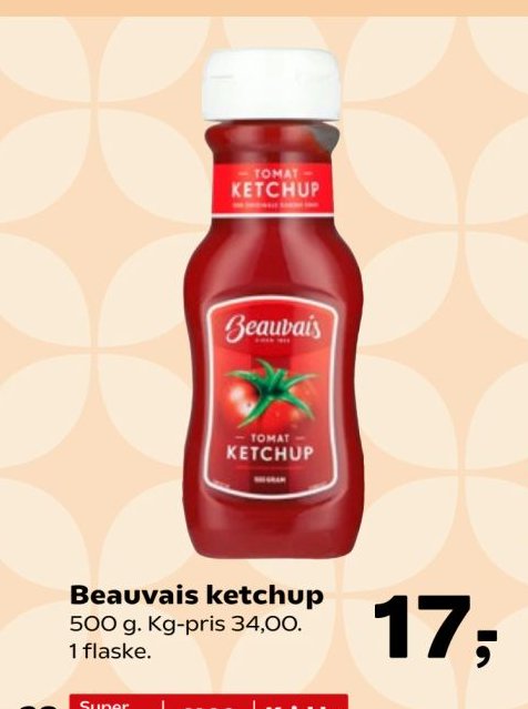 Beauvais ketchup 500 g. Kg-pris 34,00. 1 flaske. – SuperBrugsen