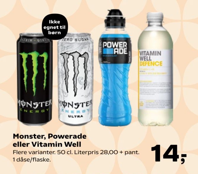 Monster, Powerade eller Vitamin Well Flere varianter. 50 cl. Literpris 28,00 + pant. 1 dåse/flaske. – SuperBrugsen
