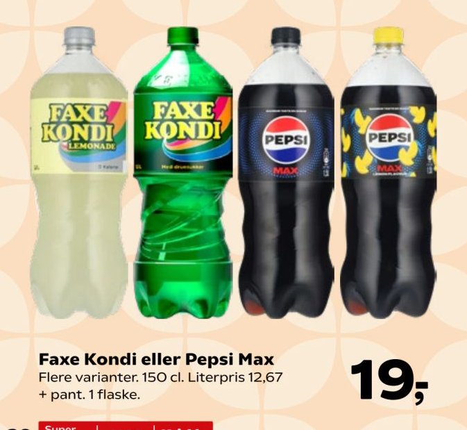 Faxe Kondi eller Pepsi Max Flere varianter. 150 cl. Literpris 12,67 + pant. 1 flaske. – SuperBrugsen