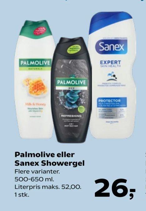 Palmolive eller Sanex Showergel Flere varianter. 500-650 ml. Literpris maks. 52,00. 1 stk. – SuperBrugsen