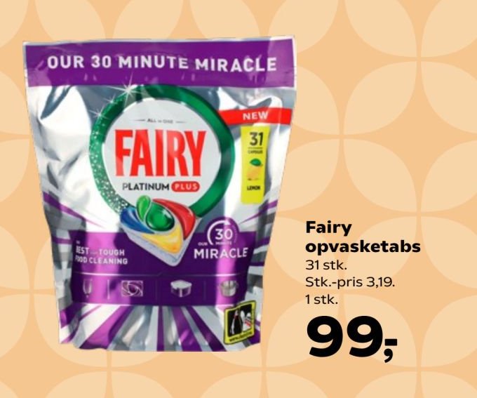 Fairy opvasketabs 31 stk. Stk.-pris 3,19. 1 stk. – SuperBrugsen
