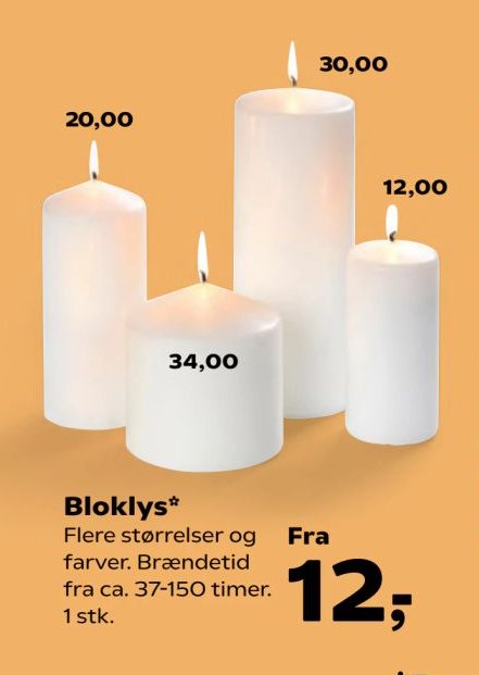 Bloklys* Flere størrelser og farver. Brændetid ca. 37-150 timer. 1 stk. – SuperBrugsen