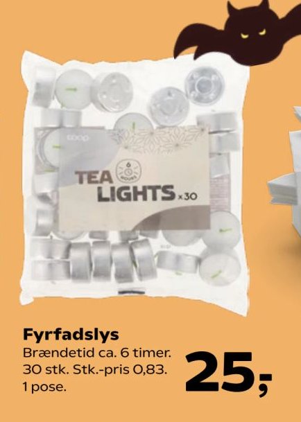 Fyrfadslys Brændetid ca. 6 timer. 30 stk. Stk.-pris 0,83. 1 pose. – SuperBrugsen