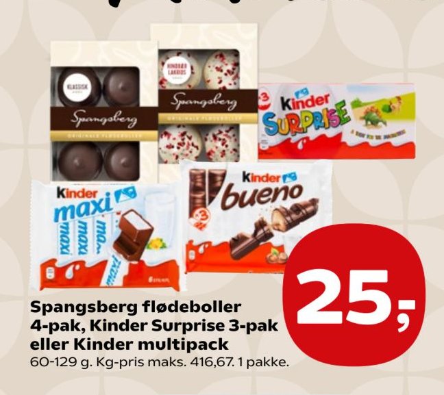 Spangsberg flødeboller 4-pak, Kinder Surprise 3-pak eller Kinder multipack 60-129 g. Kg-pris maks. 416,67. 1 pakke. – SuperBrugsen