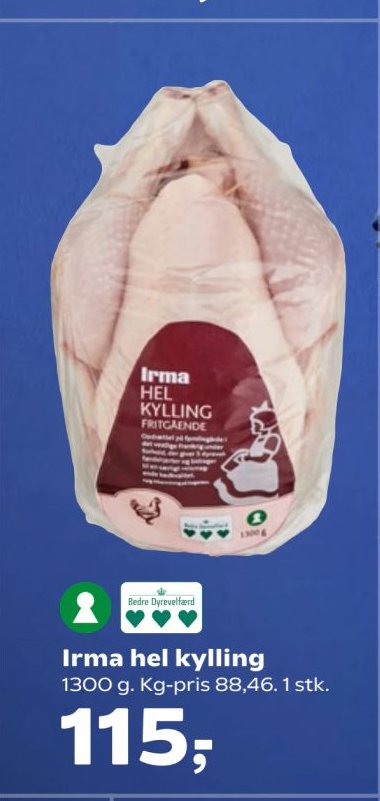 Irma hel kylling 1300 g. Kg-pris 88,46. 1 stk. – SuperBrugsen