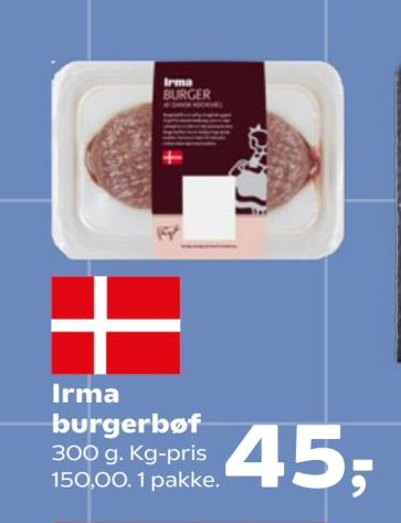 Irma burgerbøf 300 g. Kg-pris 150,00. 1 pakke. – SuperBrugsen