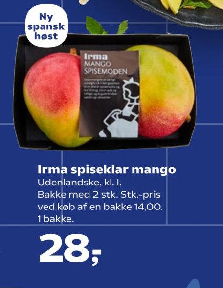 Irma spiseklar mango Udenlandske, kl. I. Bakke med 2 stk. Stk.-pris ved køb af en bakke 14,00. 1 bakke. – SuperBrugsen