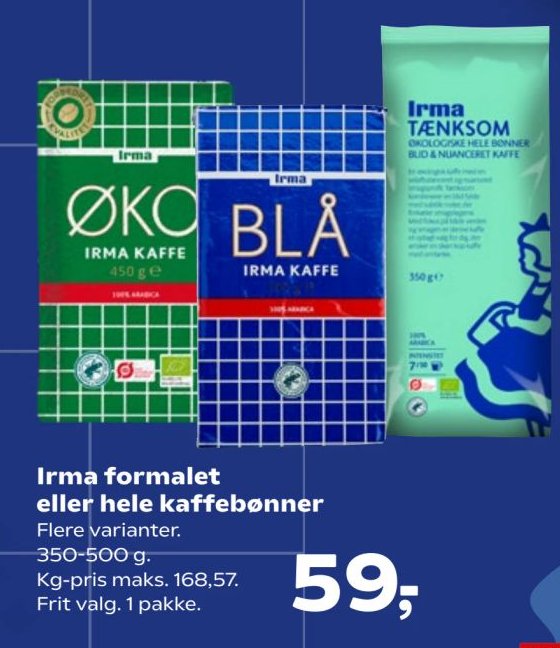 Irma formalet eller hele kaffebønner Flere varianter. 350-500 g – SuperBrugsen