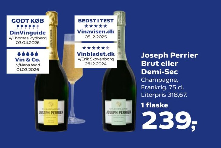 Joseph Perrier Brut eller Demi-Sec Champagne, Frankrig. 75 cl. Literpris 318,67. – SuperBrugsen