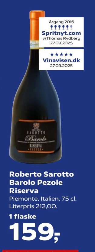 Roberto Sarotto Barolo Pezole Riserva Piemonte, Italien. 75 cl. Literpris 212,00. – SuperBrugsen