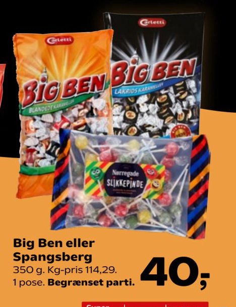 Big Ben eller Spangsberg 350 g. Kg-pris 114,29. 1 pose. Begrænset parti. – SuperBrugsen