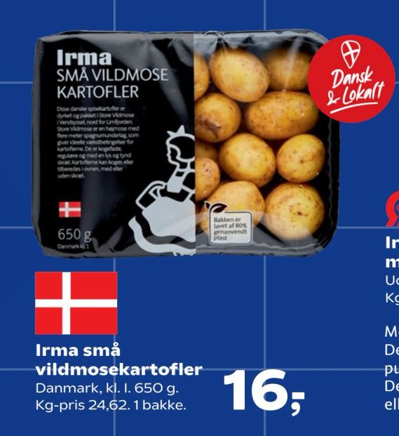Irma små vildmosekartofler Danmark, kl. I. 650 g. Kg-pris 24,62. 1 bakke. – SuperBrugsen