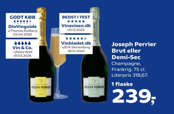 Joseph Perrier Brut eller Demi-Sec Champagne, Frankrig. 75 cl. Literpris 318,67. – SuperBrugsen